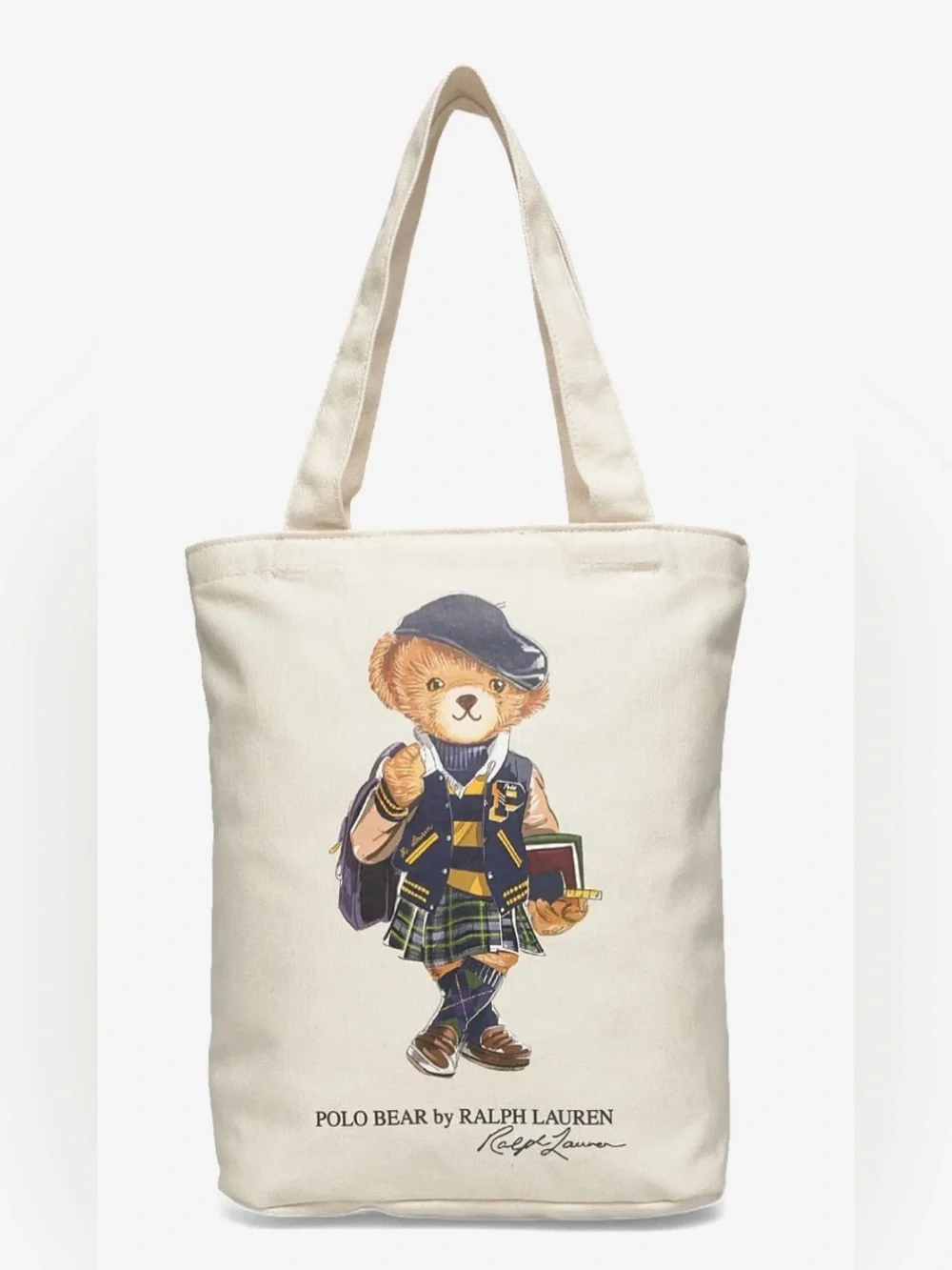 Polo Ralph Lauren Natural GIRL BACK TO SCHOOL BEAR 13.0” Canvas Zip Top Tote Bag
